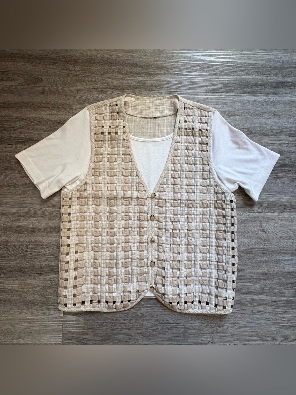 KORET Textured Open-Weave Button Front Vest/Top in Neutral Beige